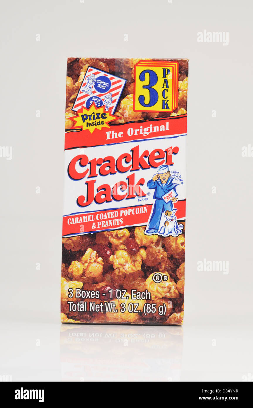 Box of the original Cracker Jacks on white background cutout. USA Stock Photo