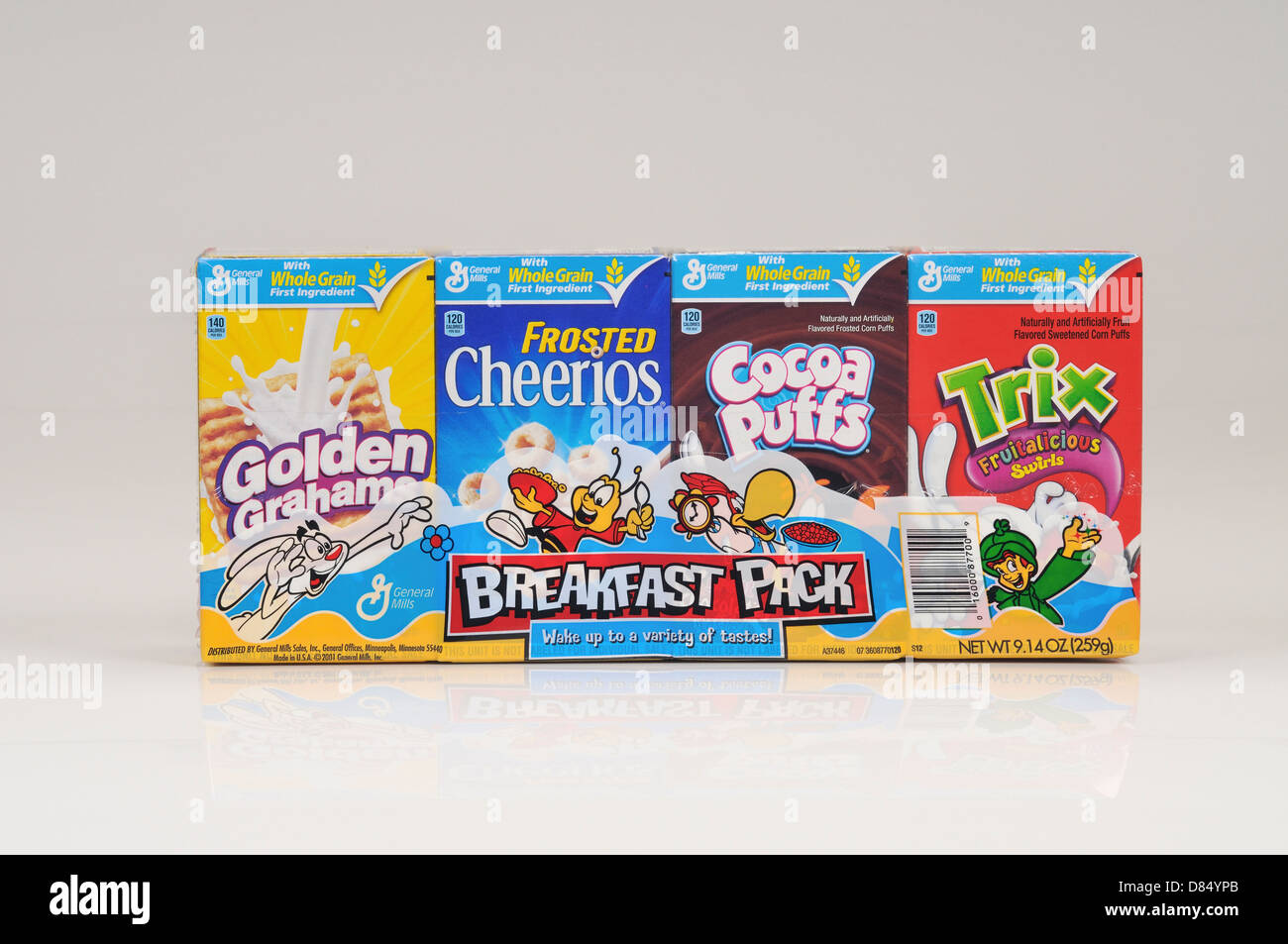 General Mills cereal breakfast pack on white background cutout. USA Stock Photo