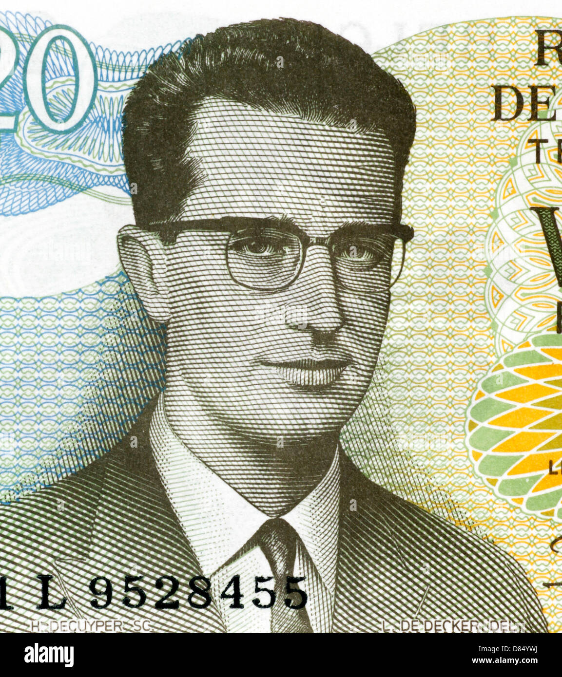 Baudouin of Belgium (1930-1993) on 20 Francs 1964 Banknote from Belgium. King of the Belgians during 1951-1993. Stock Photo