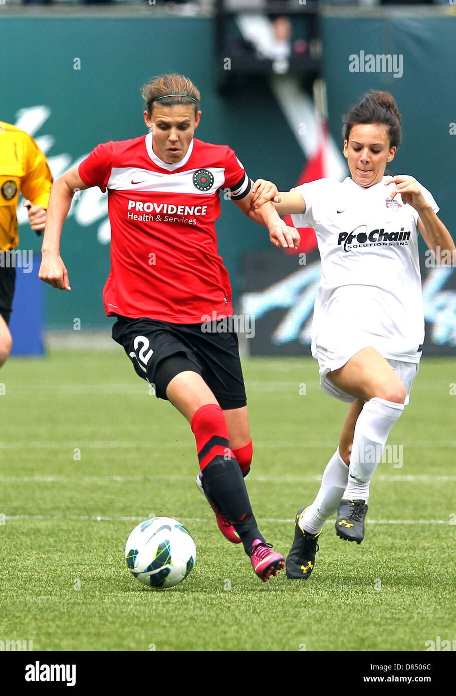 May 19, 2013 - Portland, OR, USA - May 19, 2013: Forward Christine Sinclair of Portland scores the first goal of the NWSL soccer match between the Washington Spirit and the Portland Thorns at Jeld Wen Stadium, Portland, OR. Stock Photo
