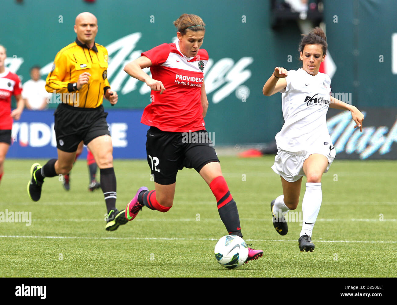 May 19, 2013 - Portland, OR, USA - May 19, 2013: Forward Christine Sinclair of Portland scores the first goal of the NWSL soccer match between the Washington Spirit and the Portland Thorns at Jeld Wen Stadium, Portland, OR. Stock Photo