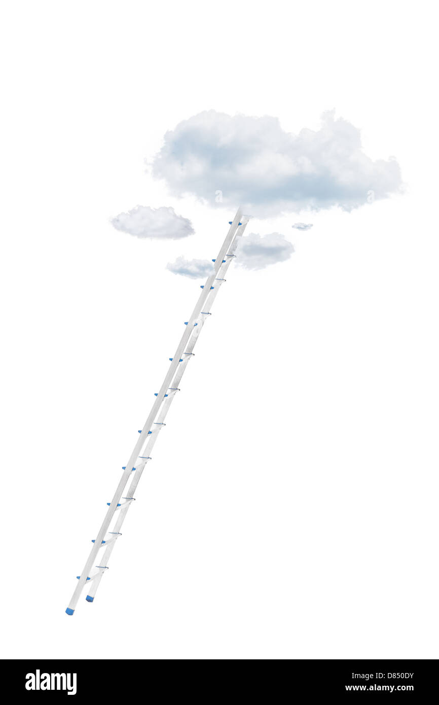 Metal ladder and clouds isolated against white background Stock Photo