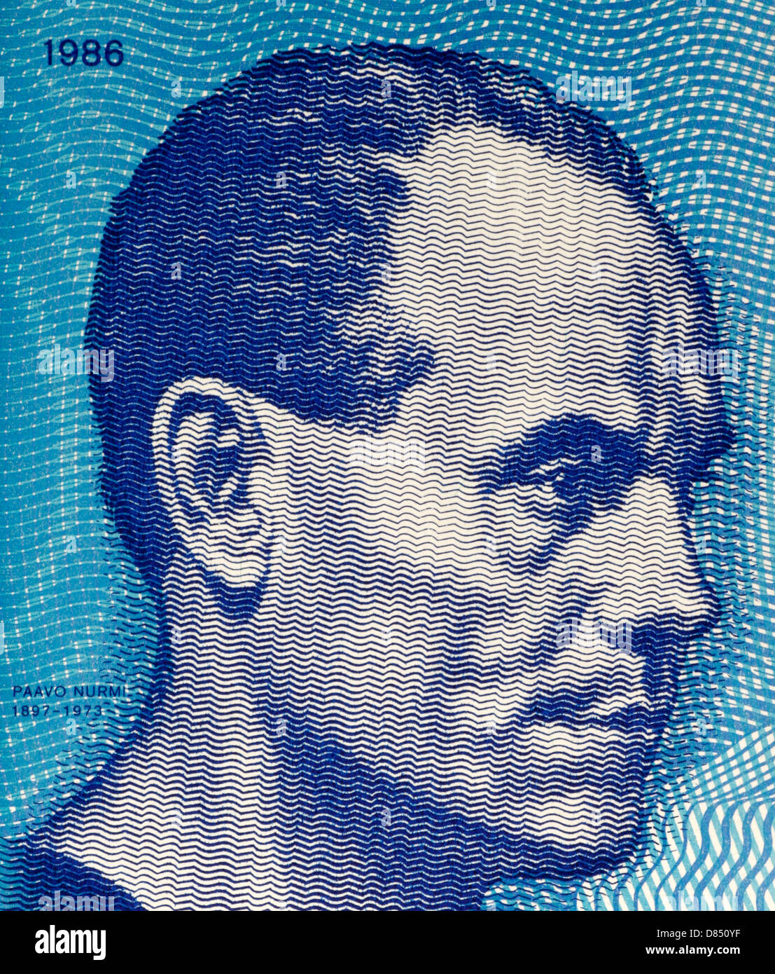 Paavo Nurmi (1897-1973) on 10 Markkaa 1986 Banknote from Finland. Finnish middle and long distance runner. Stock Photo