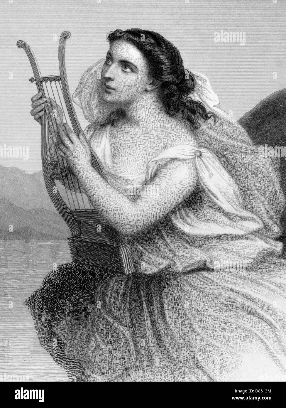 Sappho (630/612-570 BC) on engraving from 1858. Ancient Greek lyric poet. Stock Photo
