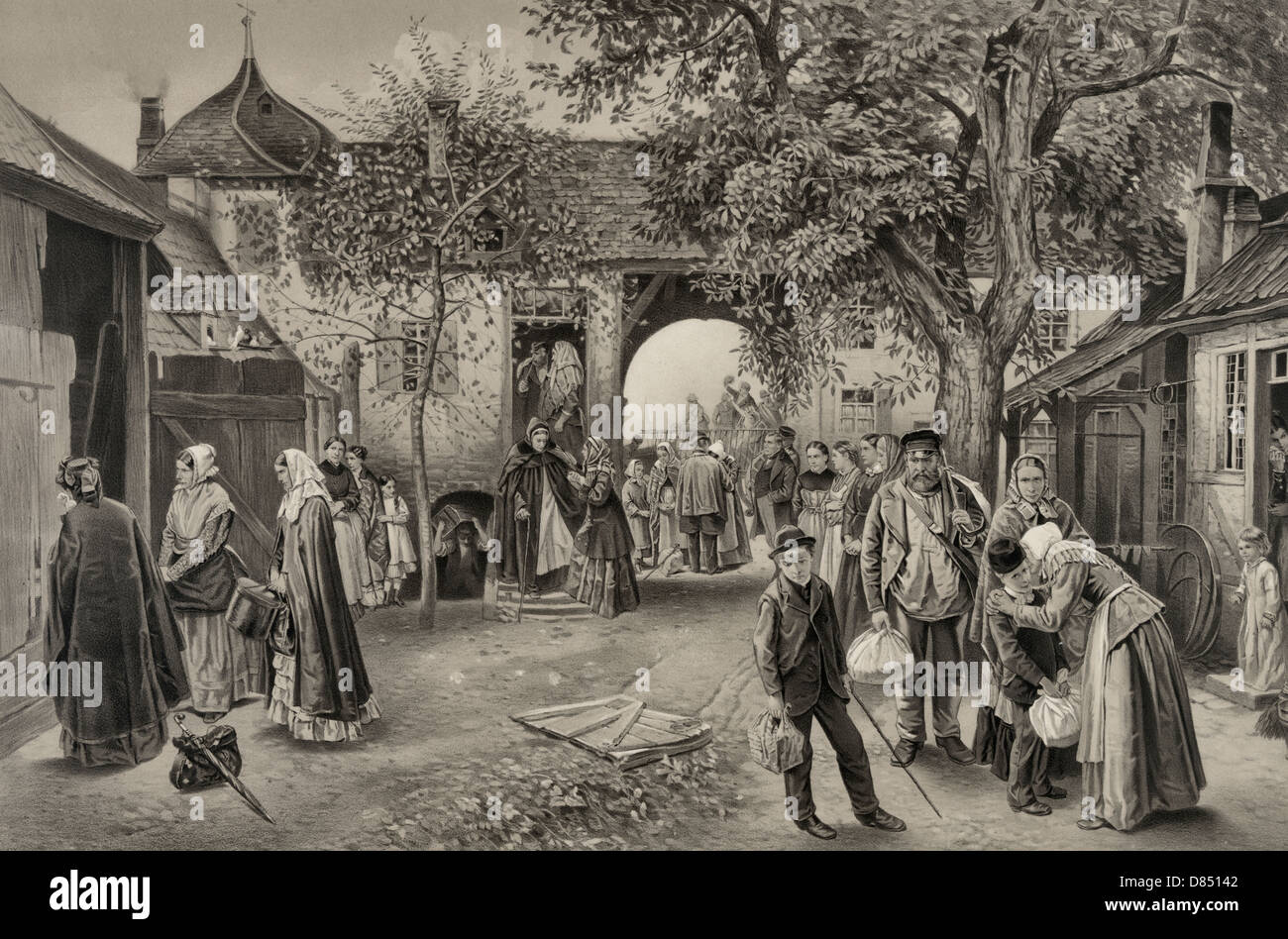 The emigrants farewell Abschied der auswanderer / groups of emigrants in a small town square, taking leave of loved-ones, friends, and neighbors, before passing beneath an arched entryway where wagons are waiting to take them on their journey, circa 1883 Stock Photo