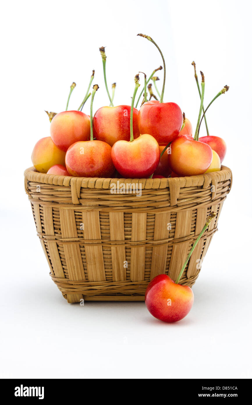 Rainier cherries sitting in a basket isolated on a white background. Stock Photo