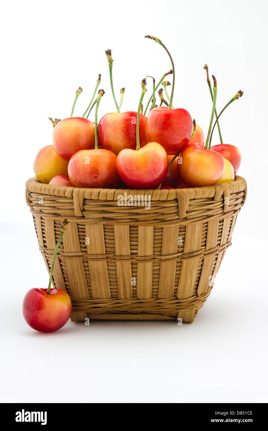 Rainier cherries sitting in a basket isolated on a white background. Stock Photo