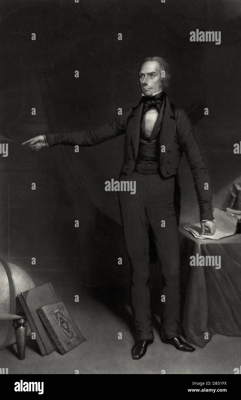 Henry Clay, full-length portrait, standing, facing slightly left, gesturing with right hand, left hand resting on table; a globe and two books are on the floor in lower left corner, circa 1844 Stock Photo
