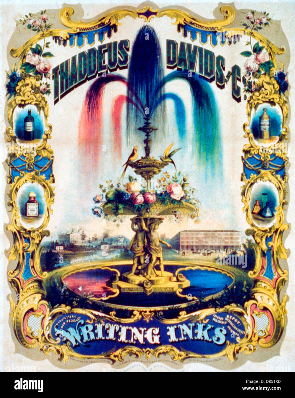 Thaddeus Davids and Company writing inks - a large fountain labeled 'Not for a day but for all time' spewing a variety of colored inks; with examples of ink products in an ornamented border, also shows a factory on a river and a large building labeled 'Thaddeus Davids & Co. Manufacturing Stationers'. 1857 ink advertisement Stock Photo