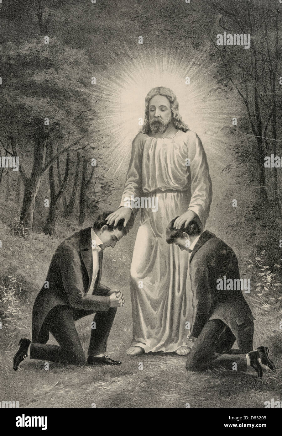 The youthful prophet, Joseph Smith, Jr., and Oliver Cowdery, receiving the Aaronic priesthood under the hands of John the Baptist, May 15,1829 Stock Photo