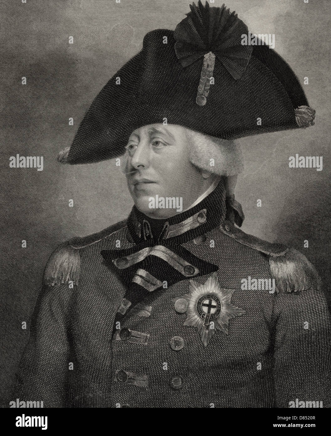 His most excellent majesty George the third, by the grace of god, of the United Kingdom of Great Britain & Ireland, king, defender of the faith. George III, King of Great Britain, head-and-shoulders portrait, facing slightly left, wearing military hat and coat. Stock Photo