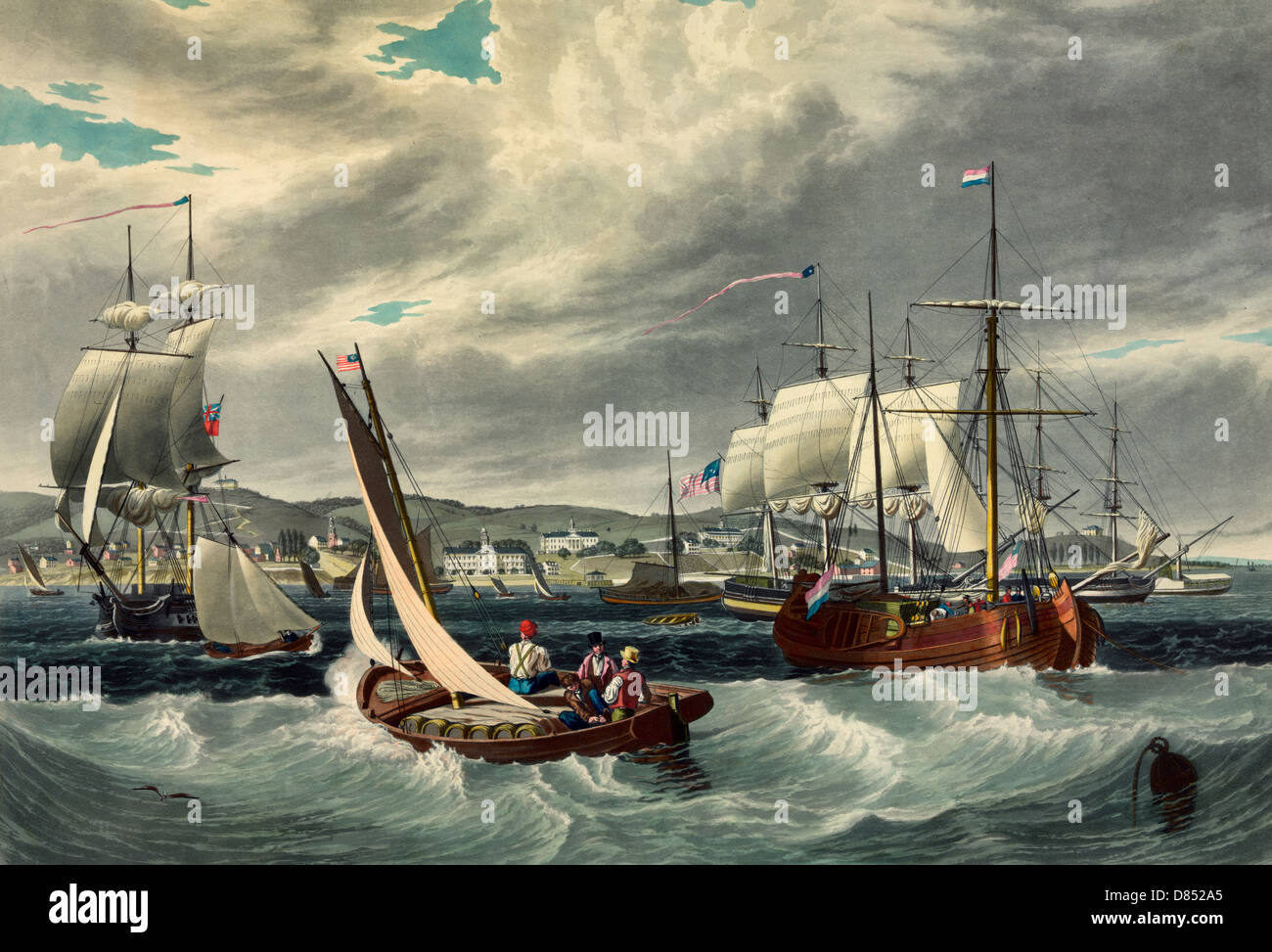View of the New York quarantine, Staten Island.  Ships and boats offshore of the New York quarantine station at Staten Island, circa 1833 Stock Photo