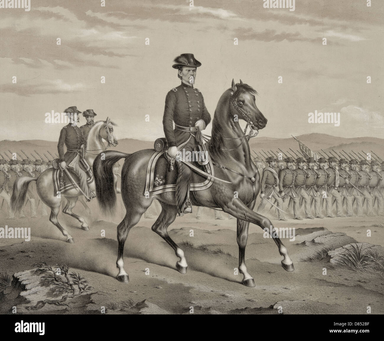 Major General Franz Sigel, full-length portrait, facing right, riding on horseback with troops marching in formation. 1862 Stock Photo