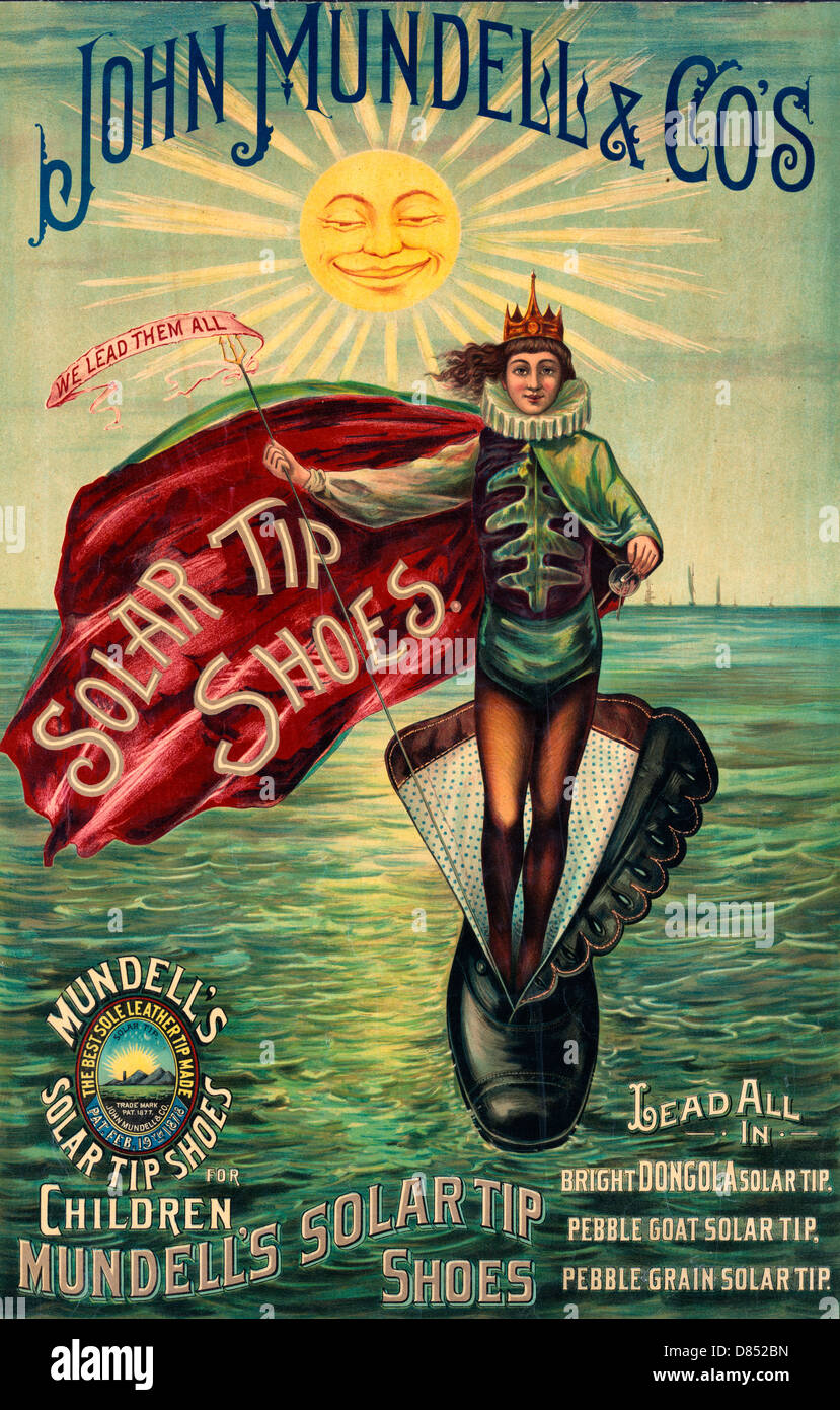 John Mundell & Co's solar tip shoes Lead all in bright Dongola solar tip, pebble goat solar tip, pebble grain solar tip. 1889 Ad Stock Photo