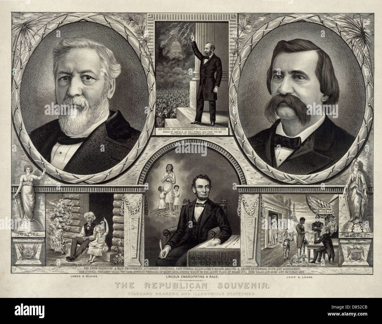 The Republican Souvenir - Campaign poster for Republican candidate for President James Blaine and running mate John Logan in 1884 USA presidential election Stock Photo
