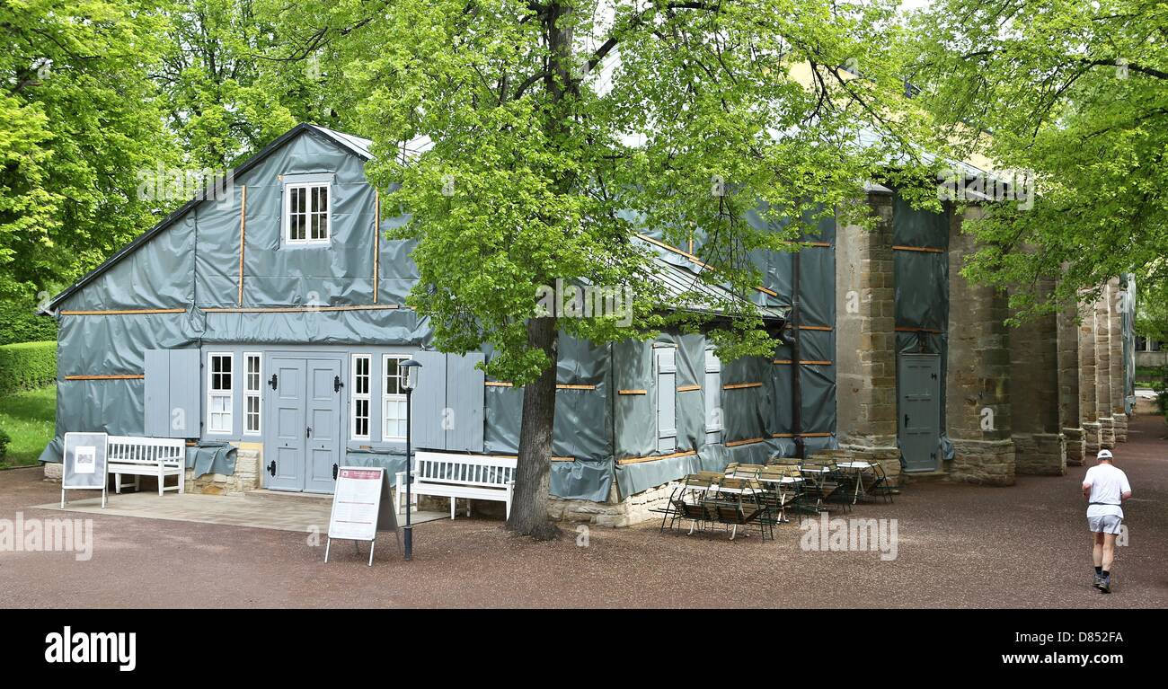 The Goethe Theater is covered with tarps in Bad Lauchstaedt, Germany, 10 May 2013. The theater conceived of and opened by Goethe more than 200 years ago is in need of serious renovation work. The timber-frame building is suffereing from serious dry and wet rot. Photo: Jan Woitas Stock Photo