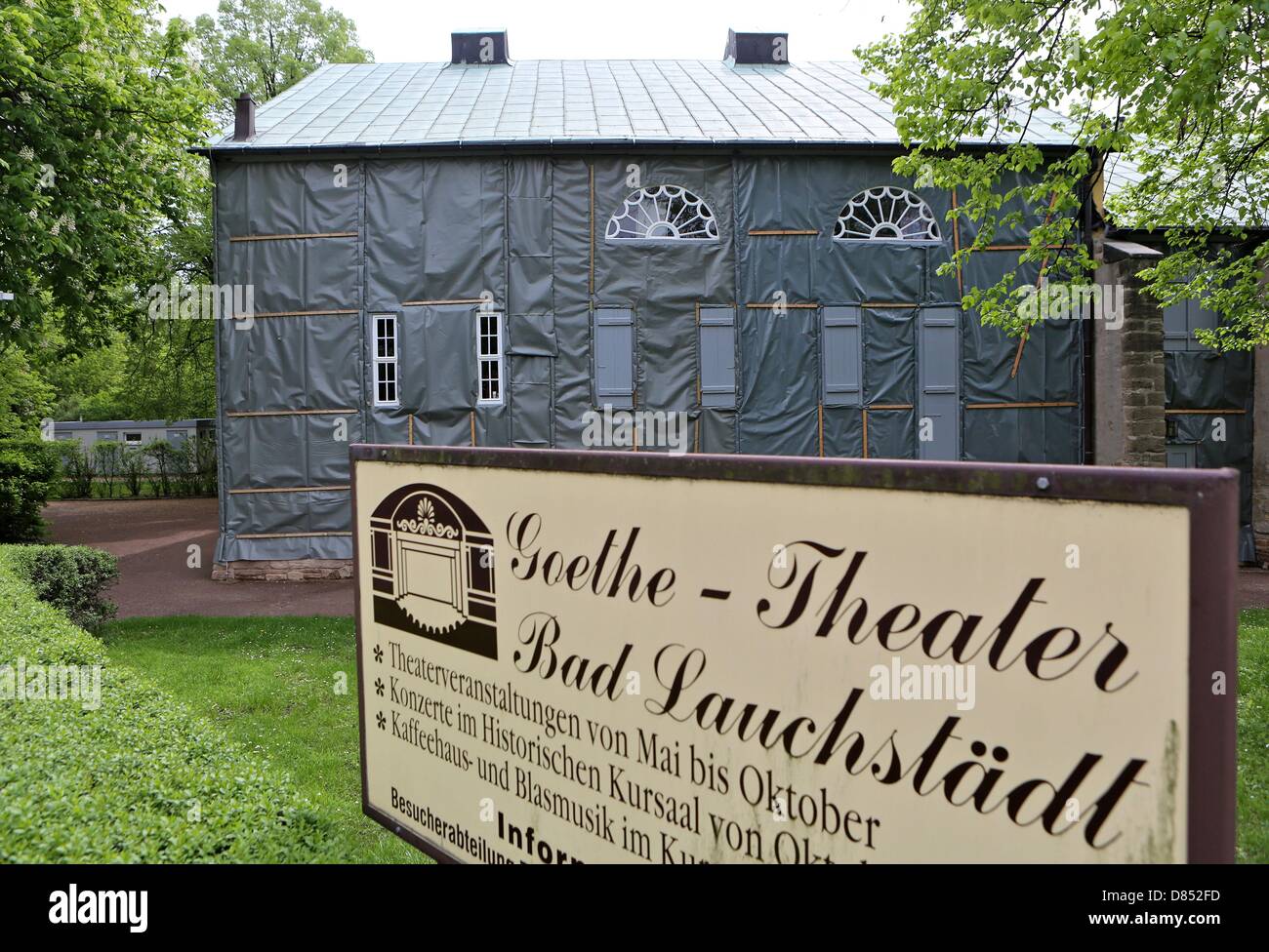 The Goethe Theater is covered with tarps in Bad Lauchstaedt, Germany, 10 May 2013. The theater conceived of and opened by Goethe more than 200 years ago is in need of serious renovation work. The timber-frame building is suffereing from serious dry and wet rot. Photo: Jan Woitas Stock Photo