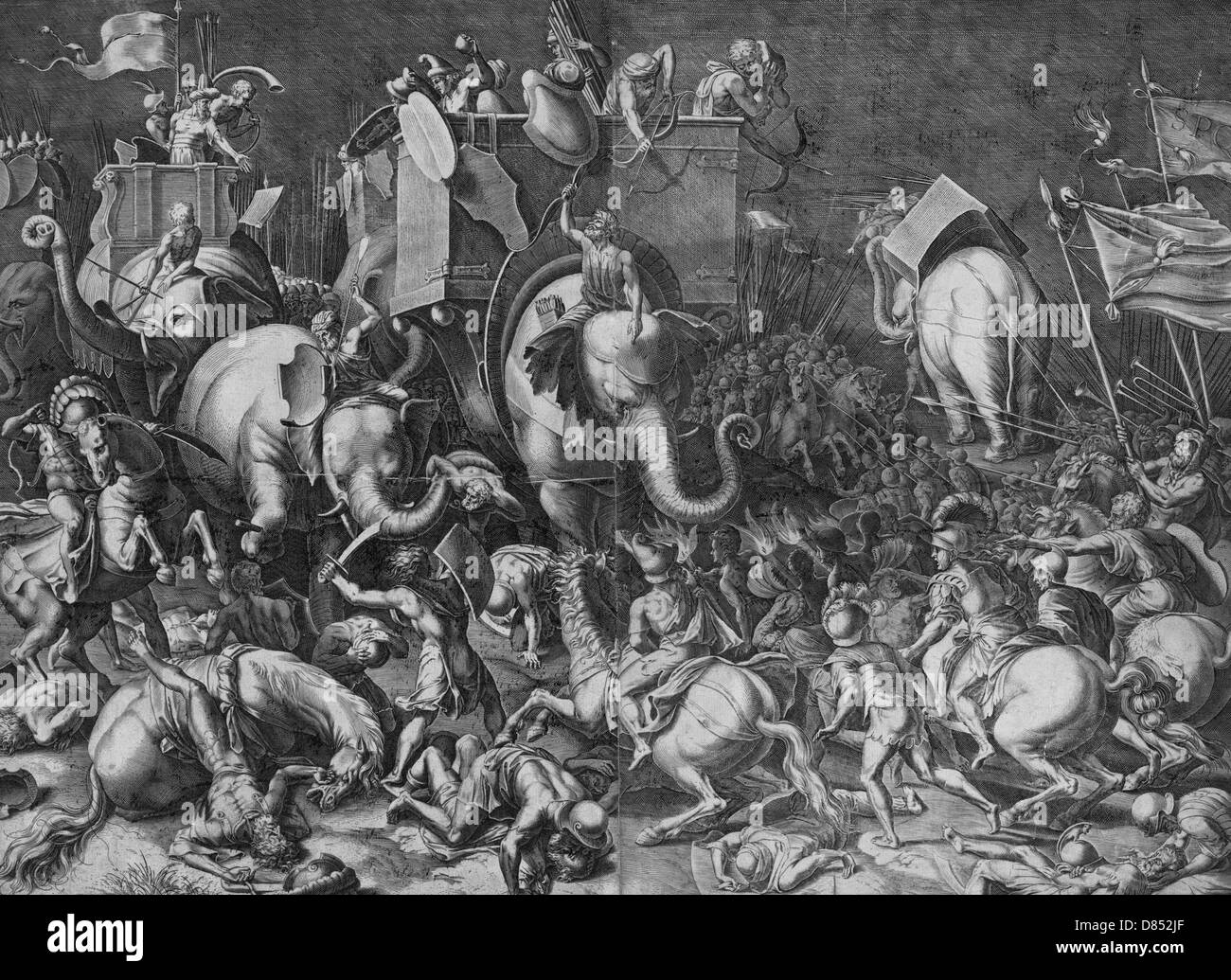 The Battle of Zama, October, 202 BC between Hannibal and Rome  Scipio Africanus on horseback with Roman soldiers engaging Hannibal, riding a war elephant, during the battle of Zama. Stock Photo