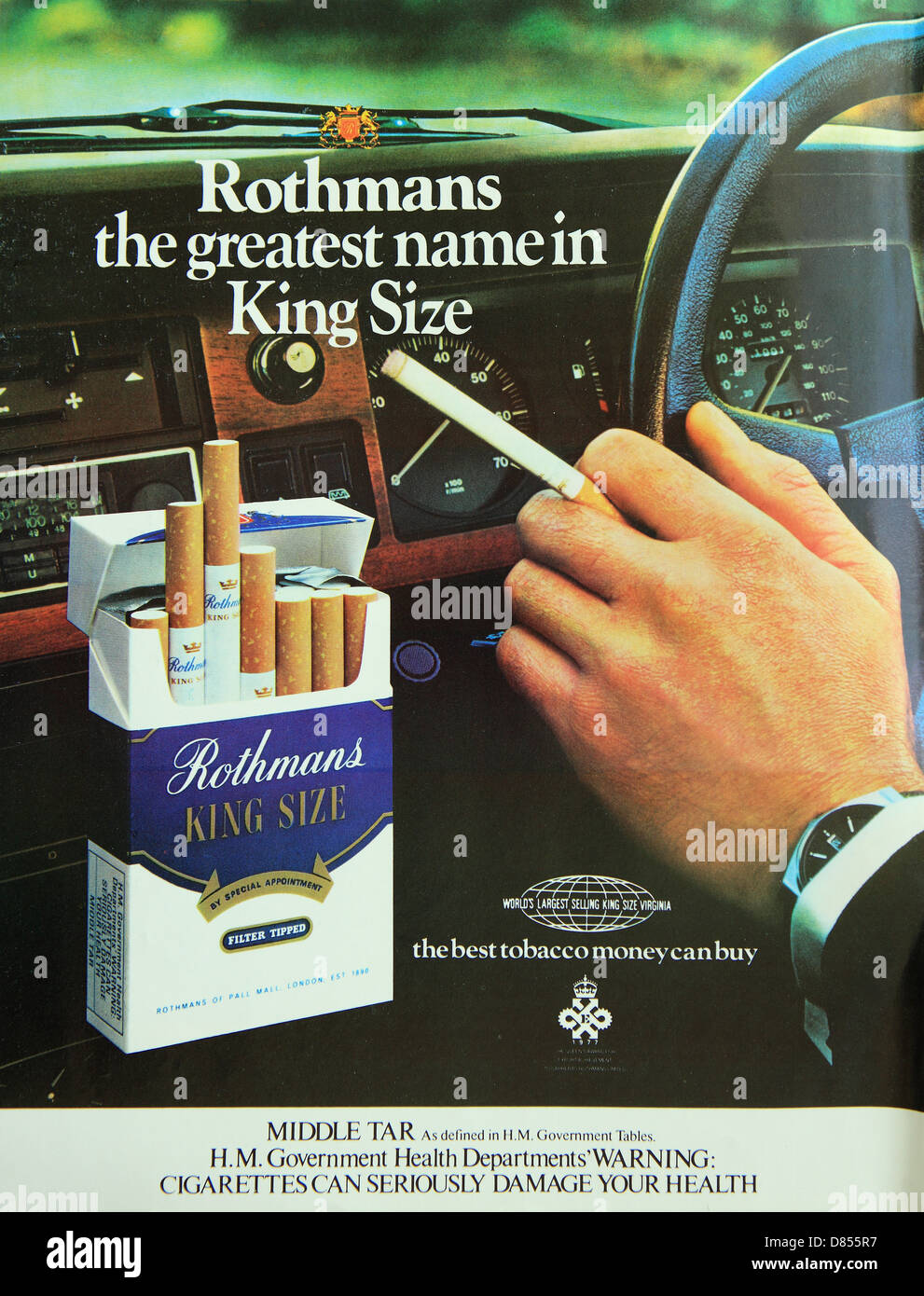 Cigarette advertising in 1978 for Rothman's King Size also giving a health warning Stock Photo