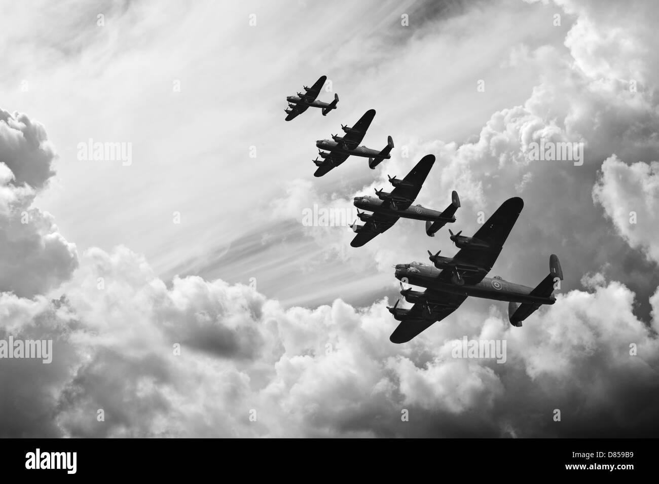 Black and white retro image of Lancaster bombers from Battle of Britain in World War Two Stock Photo