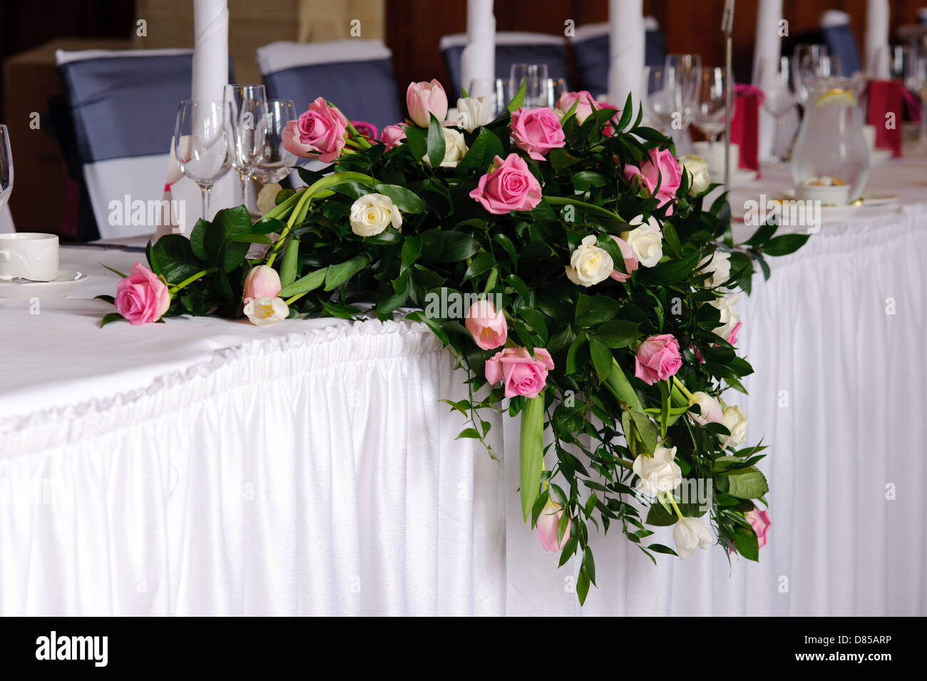 Flowers That Decorate Head Table At Wedding Reception Stock Photo