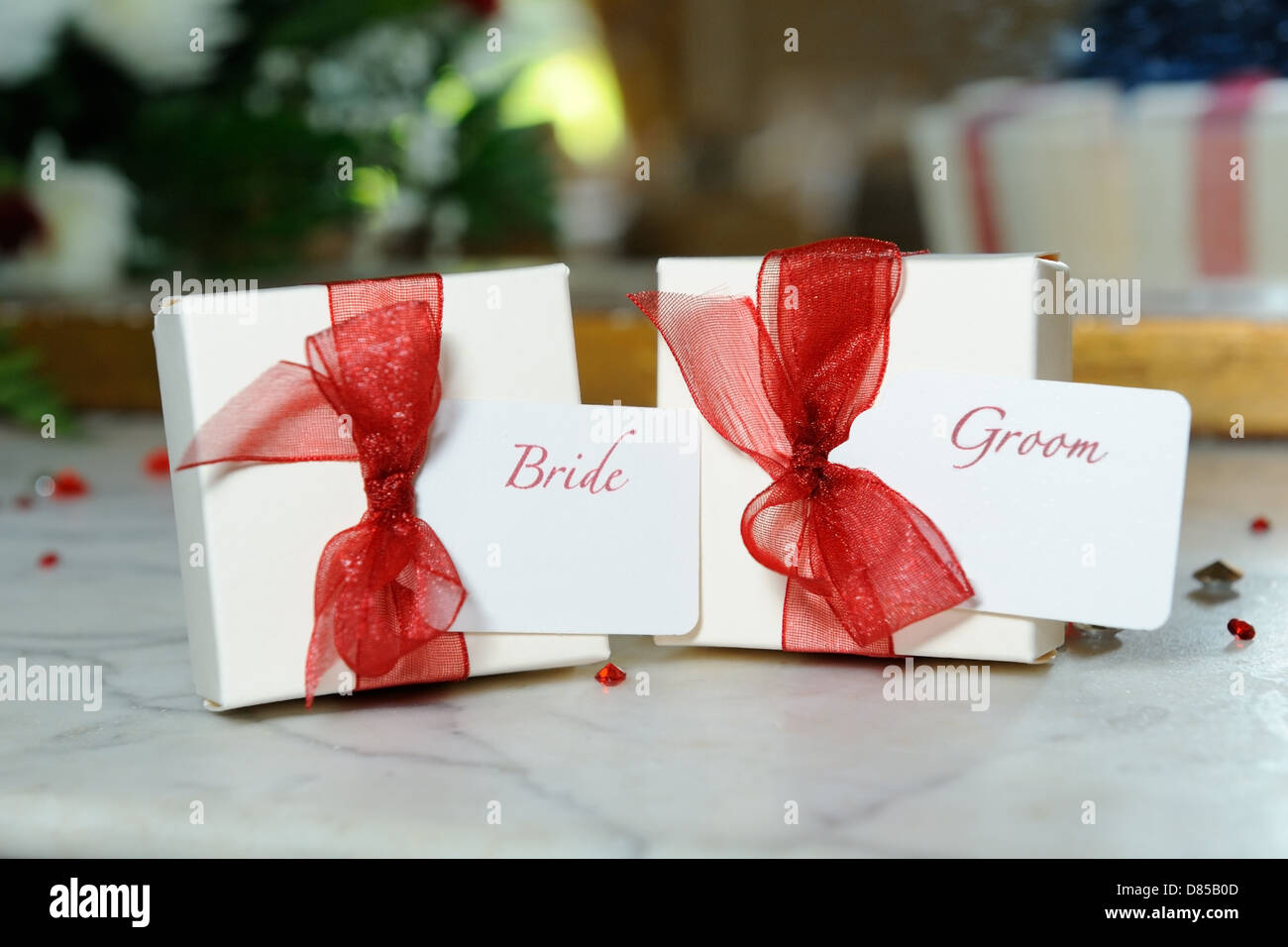 Bride And Groom Decorative Boxes At Wedding Reception Stock Photo