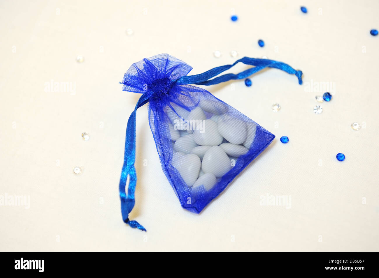 Blue bag of heart shape candy Stock Photo