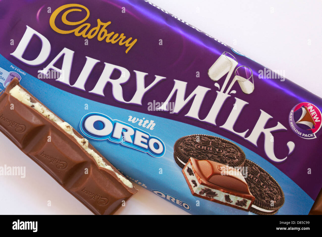 Cadbury Dairy Milk with Oreo chocolate bar with piece broken off set on  white background Stock Photo - Alamy