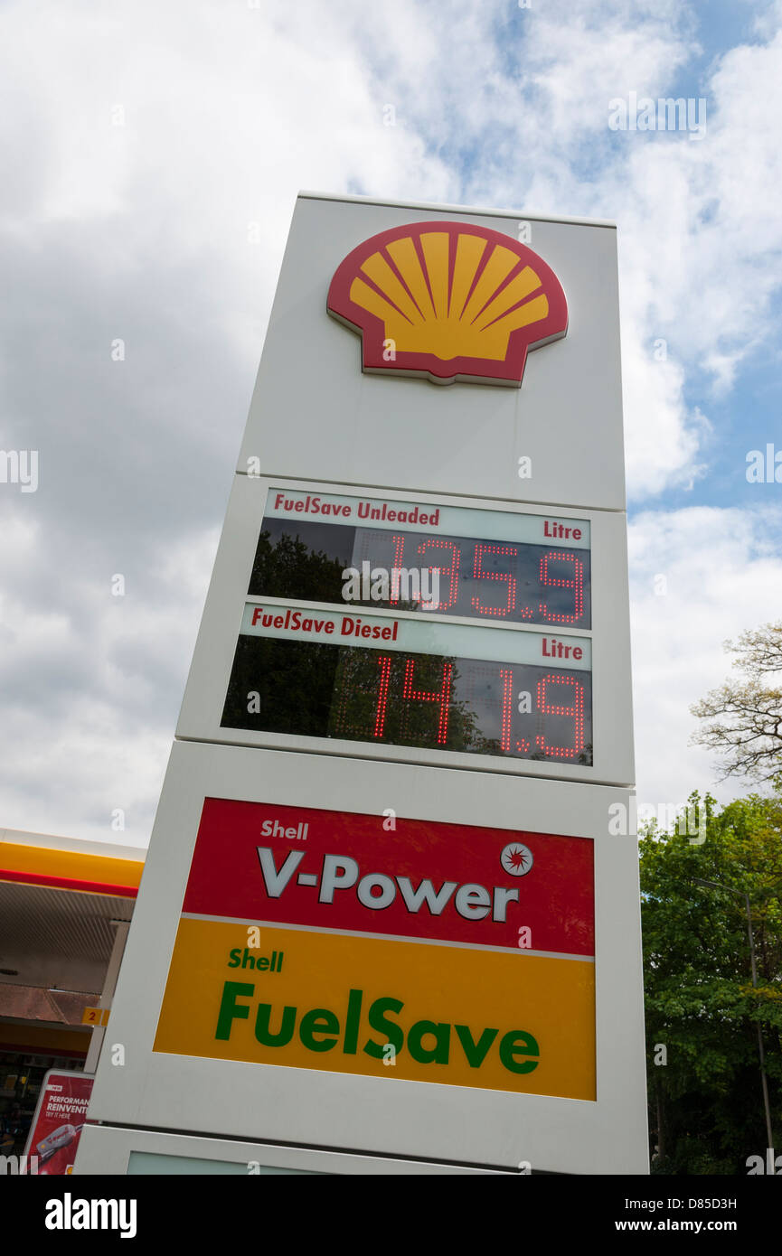A shell petrol station price sign board showing fuel prices 2013. Stock Photo