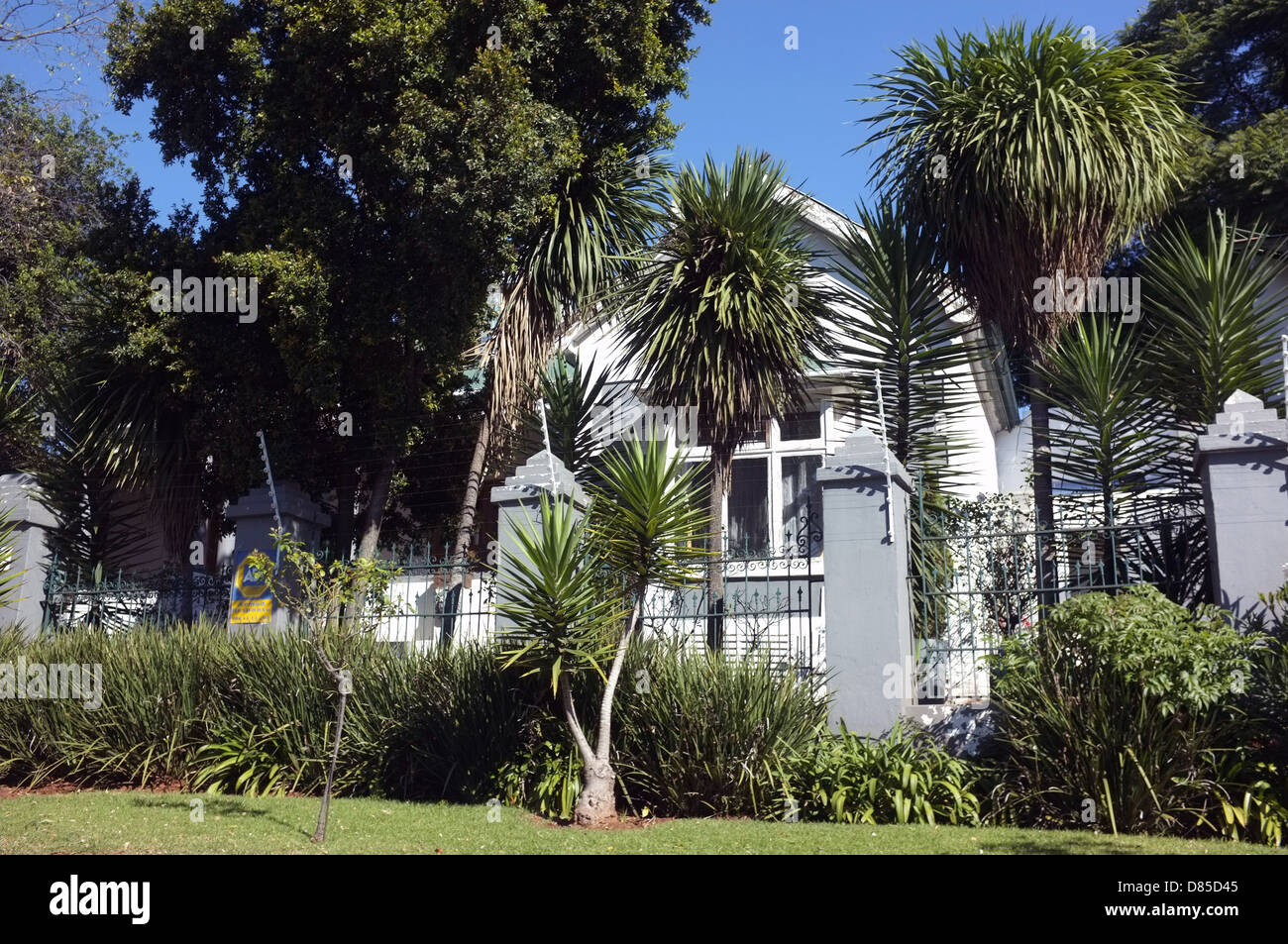 A Johannesburg house hidden behind trees and security fences. Stock Photo