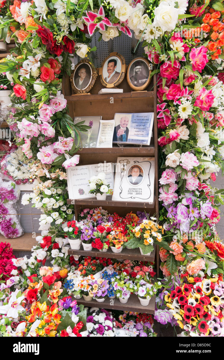 Floral tributes and funeral memorabilia outside a shop in Rethymno, Crete Stock Photo Alamy