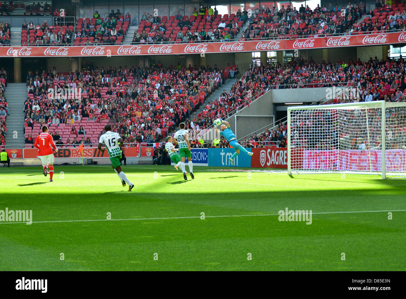Another great defense of the Moreirense goalkeeper.Benfica create several goal opportunities in the first time but the goalkeeper avoid them all. The first time finish with Moreirense advantage of 1 goal . Stock Photo