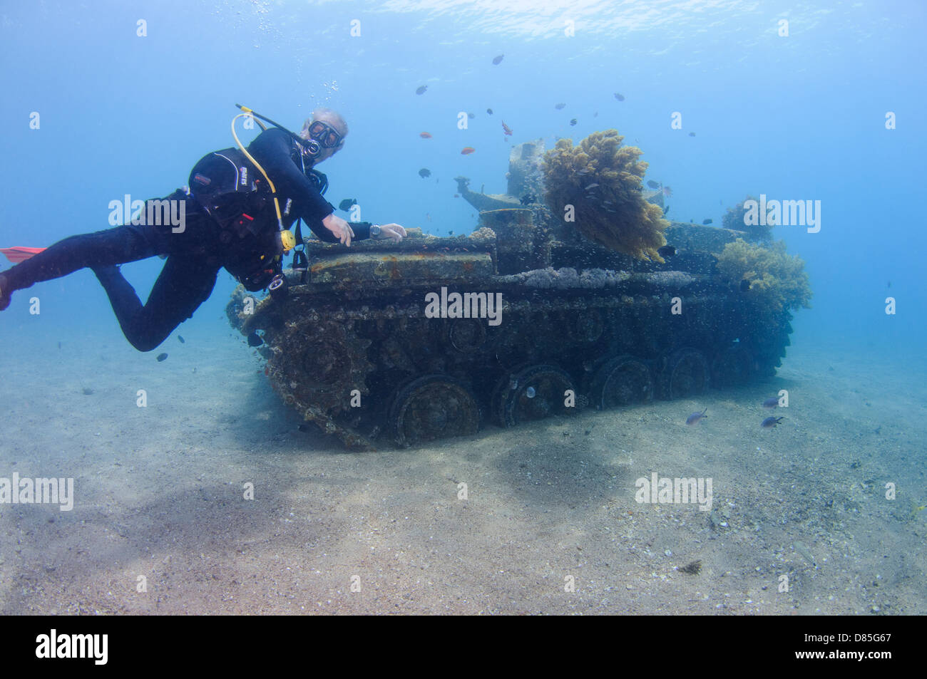 Divers at a sunken tank off the cost of Aqaba, Red Sea Jordan Stock Photo
