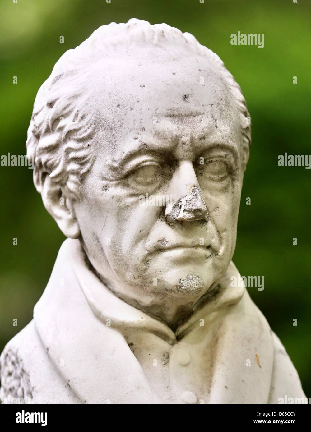 Bust of Johann Wolfgang von Goethe stands in spa town Bad Lauchstaedt in Germany, 10 May 2013. There is a famous mineral spring in the city, which Goethe used to visit frequently. Photo: Jan Woitas Stock Photo