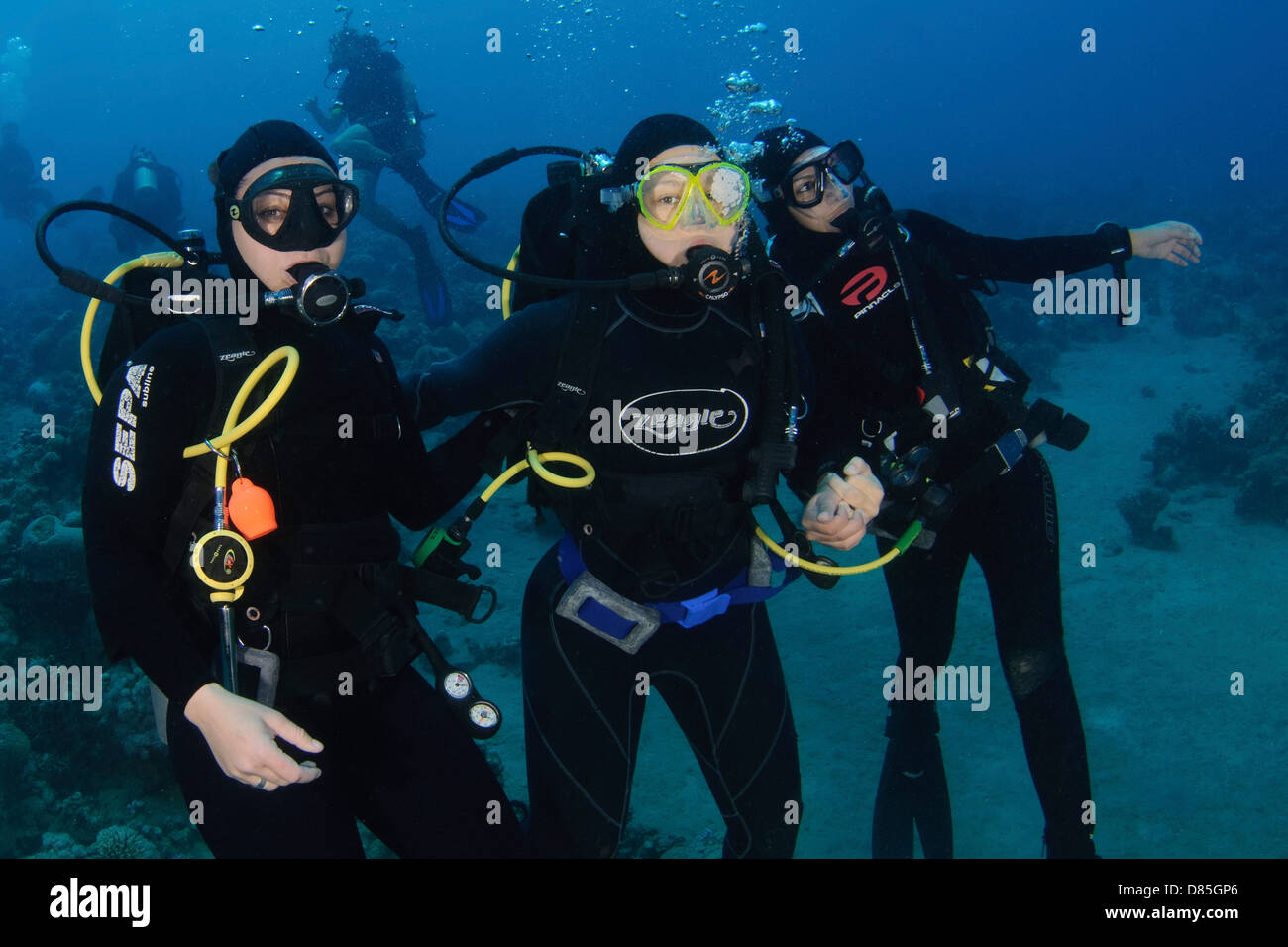A group of three scuba divers posing for the camera Photographed in the red sea Aqaba, Jordan Stock Photo
