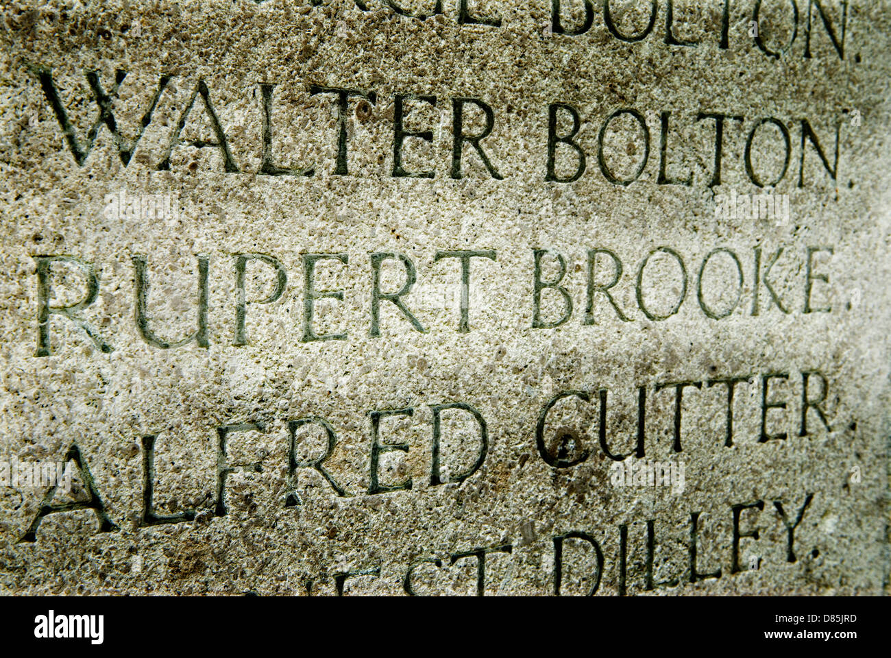 Rupert Brooke an English Poet his names on the War memorial in the church yard. Grantchester Cambridgeshire England 9th May 2013 2010s UK  HOMER SYKES Stock Photo