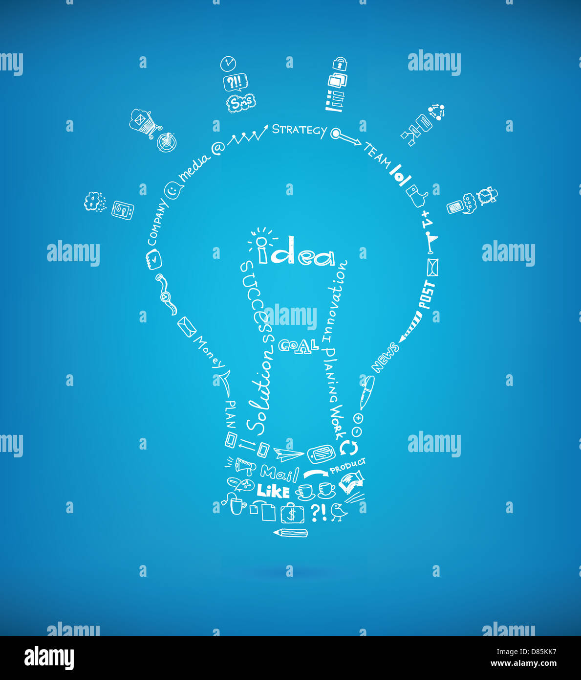 Vector light bulb created by many hand drawn business sketch and doodles design elements on blue background. Stock Photo
