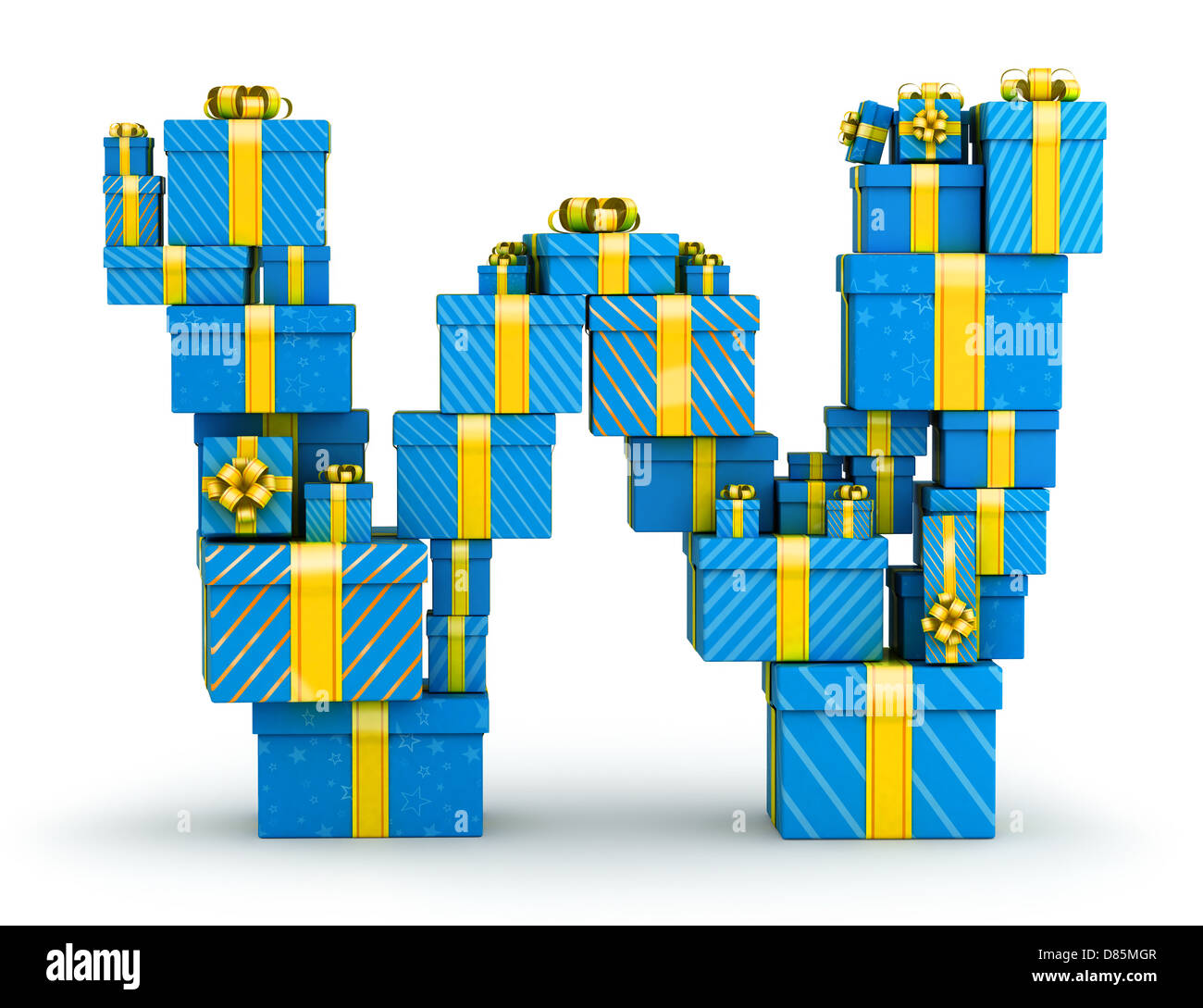 Letter W from blue gift boxes decorated with yellow ribbons Stock Photo ...