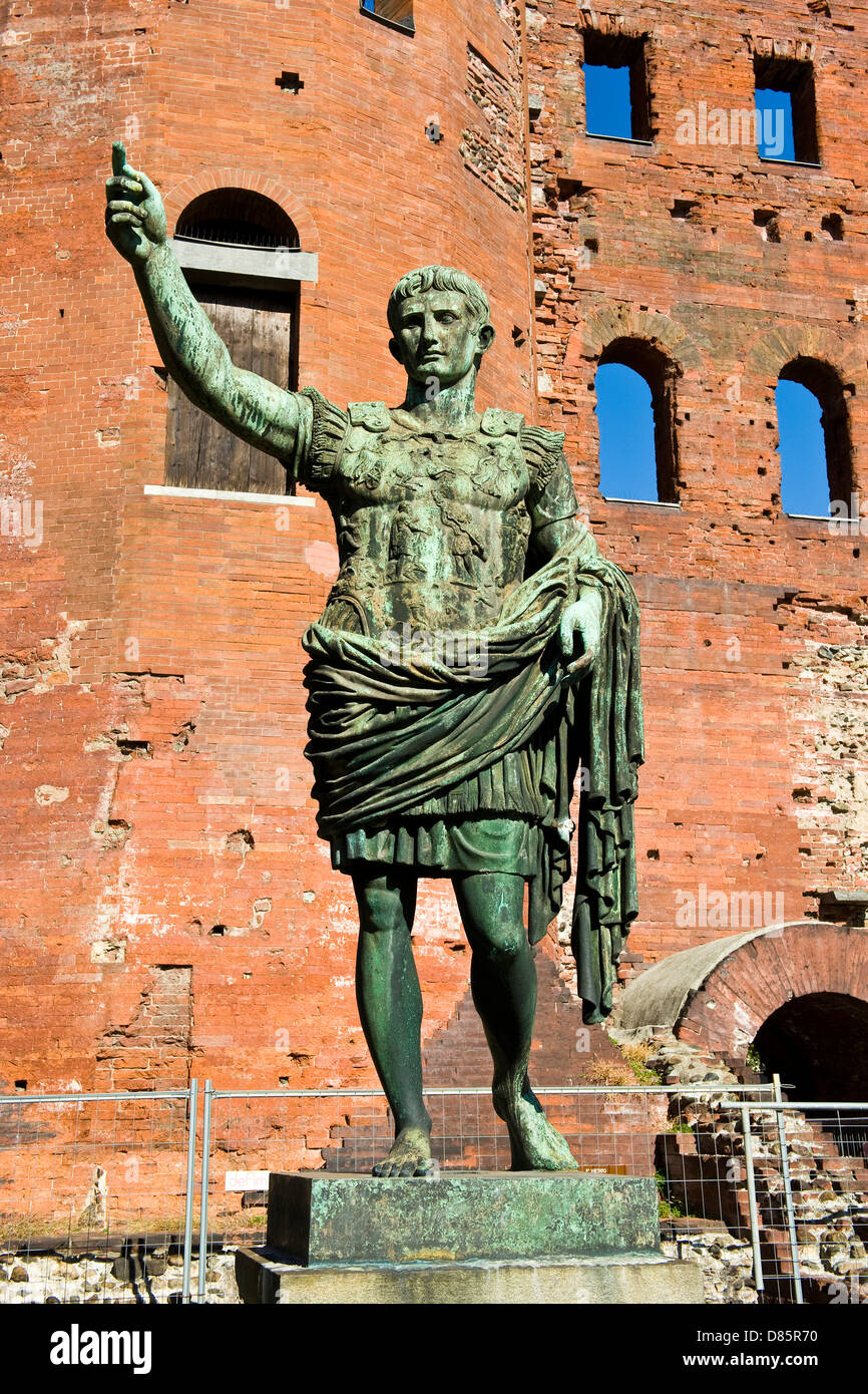Italy Piedmont Turin. Porta Palatina Statue of Roman Emperor Julius Caesar Stock Photo
