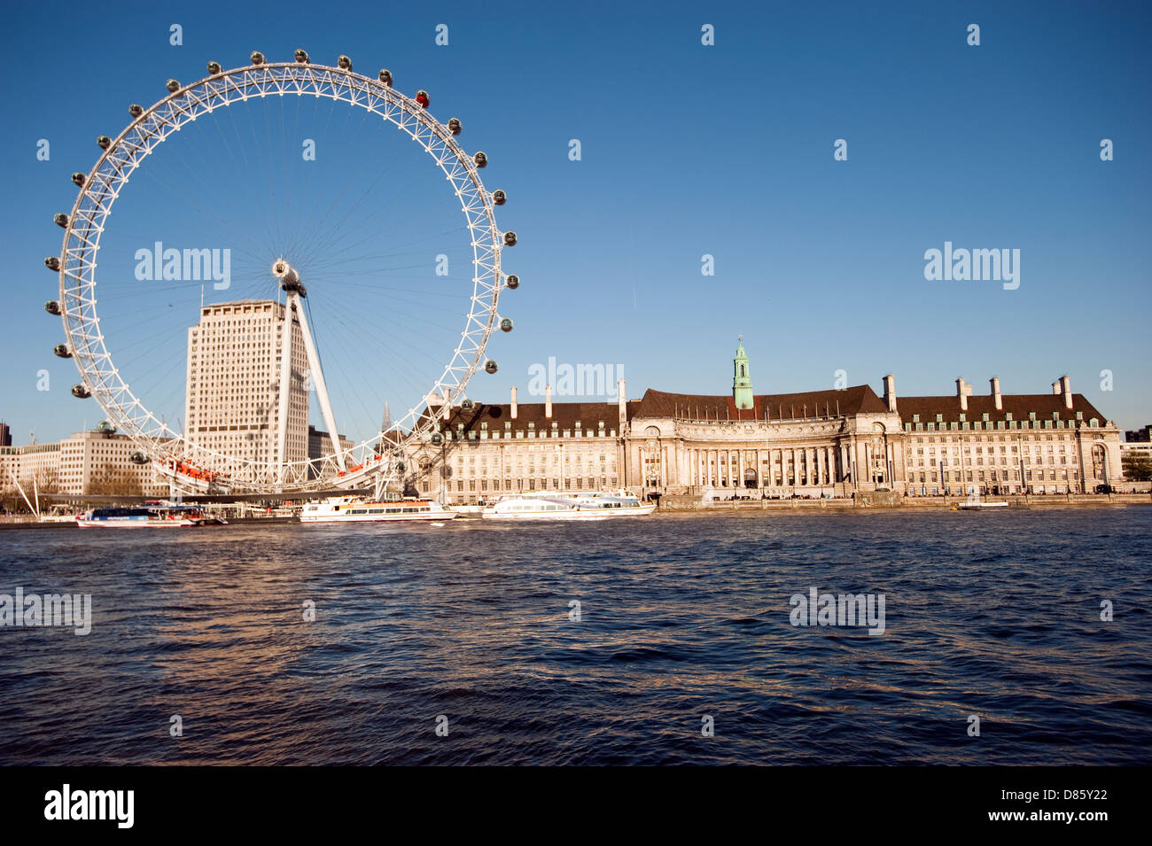 London Eye and County Hall Thames River London England Stock Photo