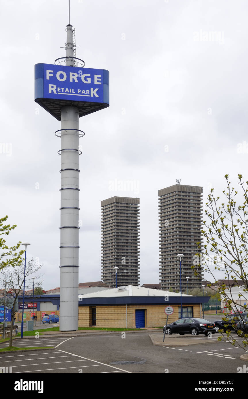 Sign marking entrance to the Retail Park in the east end of Glasgow, Scotland, UK Stock