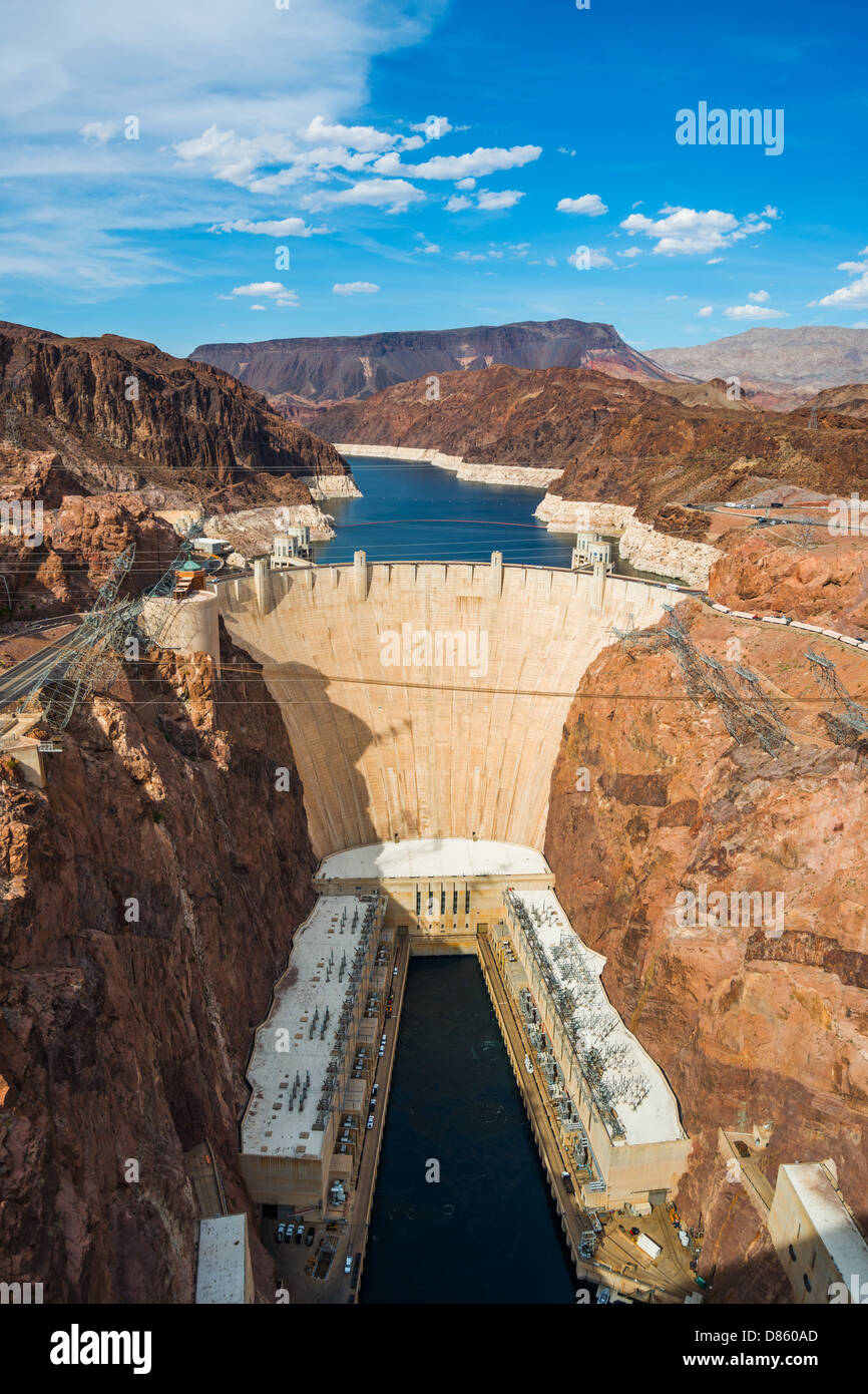 This is an image of the Hoover Dam, taken from the Mike O'Callaghan–Pat Tillman Memorial Bridge Stock Photo