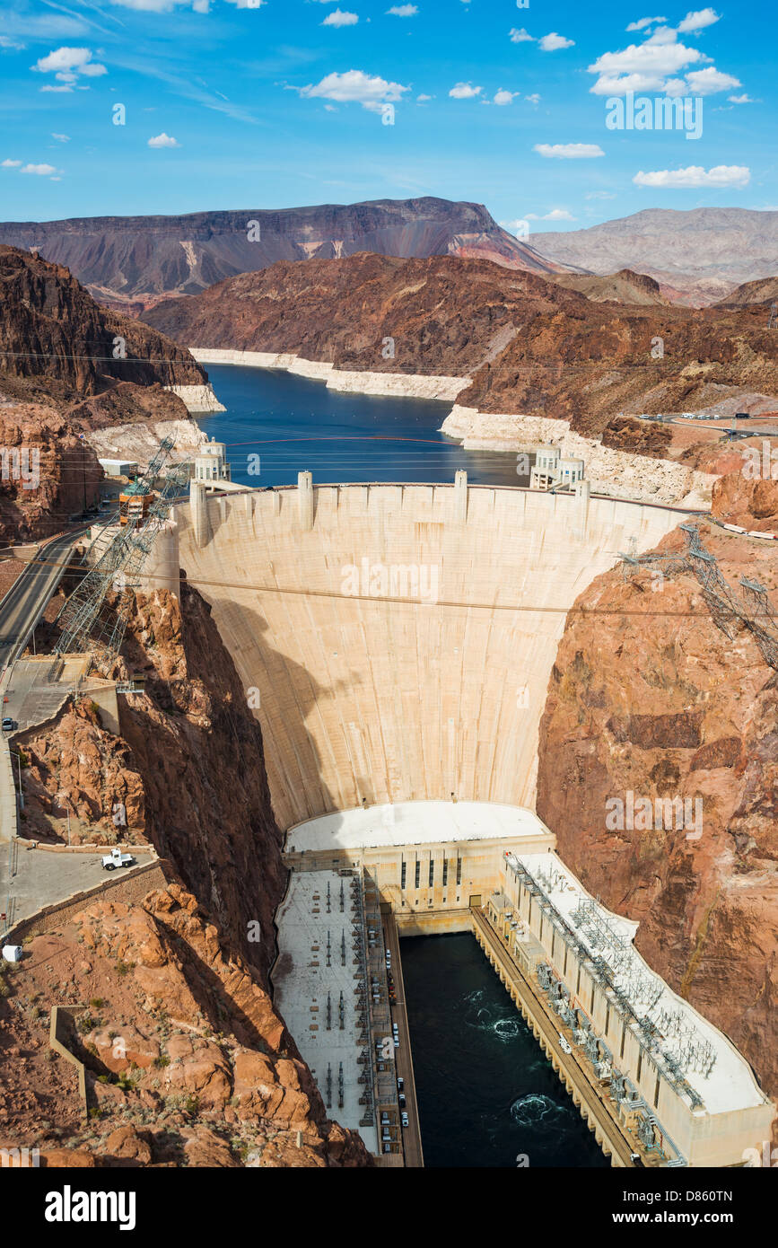 This is an image of the Hoover Dam, taken from the Mike O'Callaghan–Pat Tillman Memorial Bridge Stock Photo