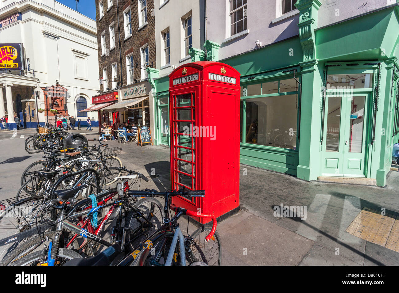 An isolated telephone booth, Covent Garden, London, England, UK. Stock Photo