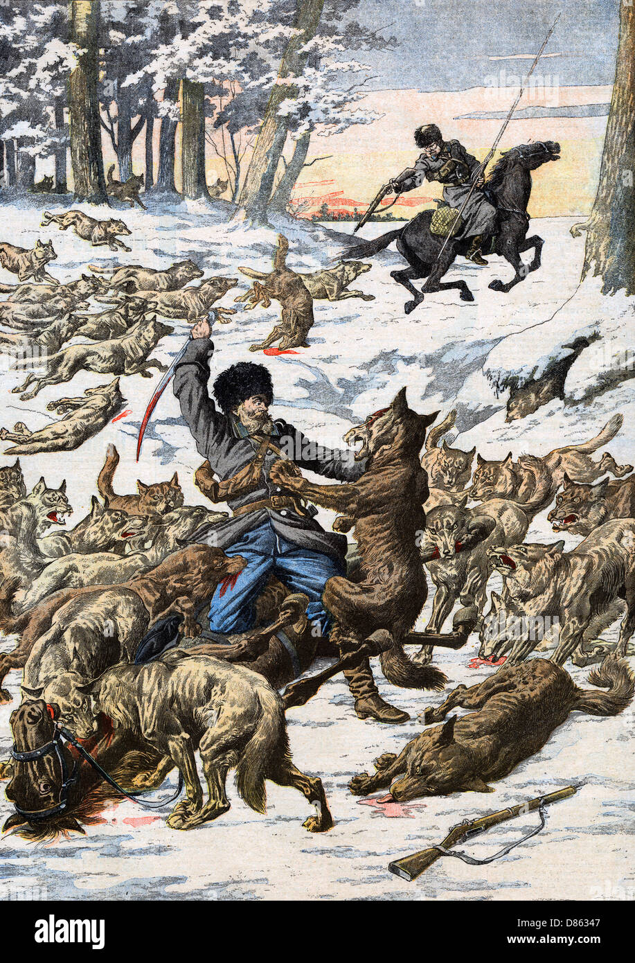 Wolves attack Russian soldiers during war with Japan Stock Photo