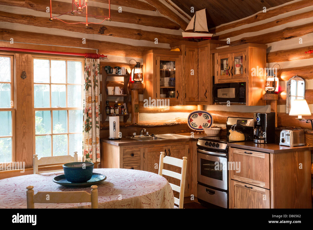 Log Cabin Kitchen Interior, USA Stock Photo