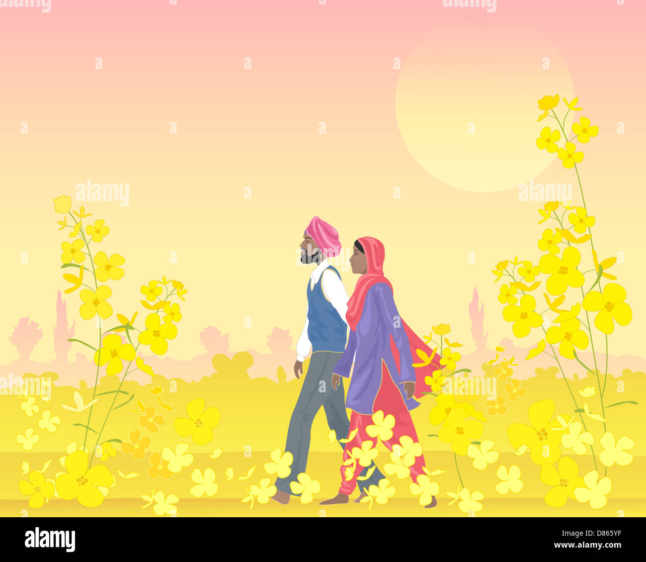 an illustration of a Punjabi couple dressed in traditional clothing