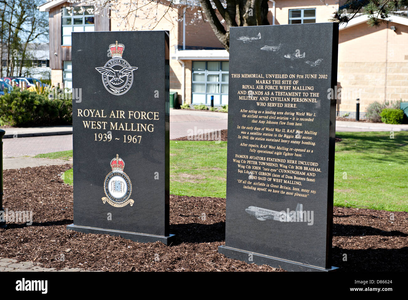 Memorials to the airmen who were stationed at the RAF West Malling Airfield, Kent, UK Stock Photo