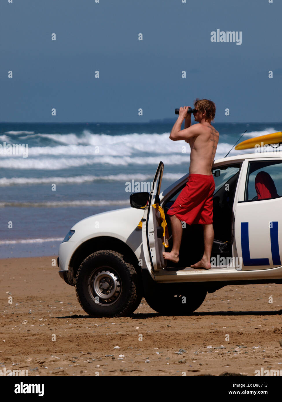 Beach Life Guard, Watergate Bay, Cornwall, UK 2013 Stock Photo