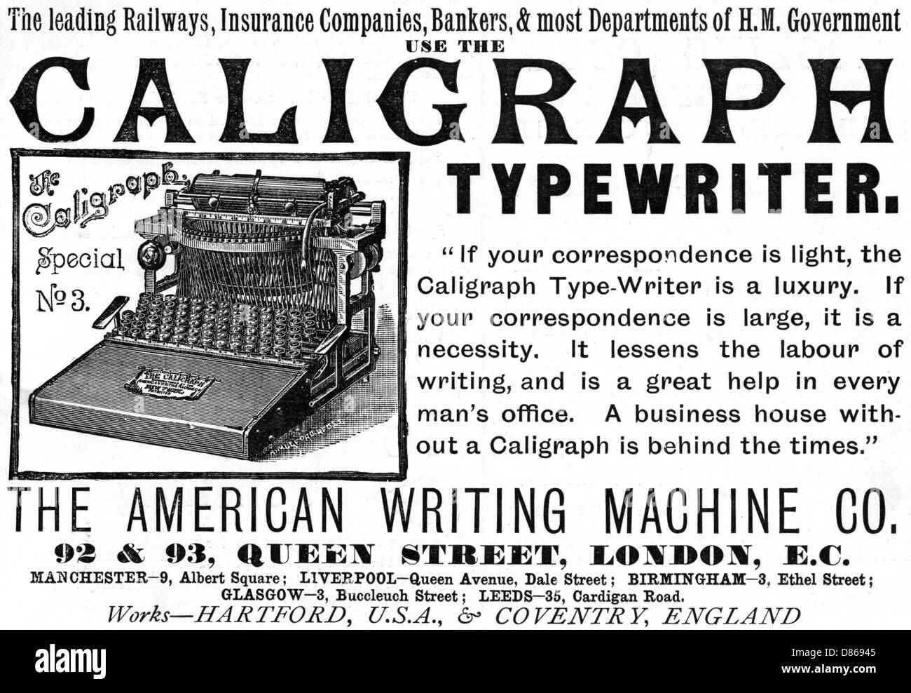 Advert for Caligraph typewriter 1892 Stock Photo